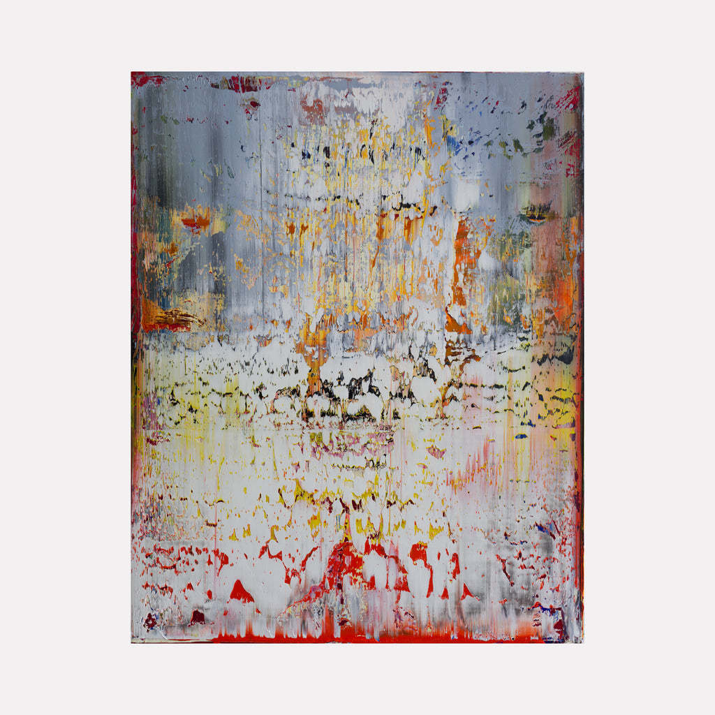 grey red by Harry Moody features a layered abstract art piece with textured vertical streaks blending soft grays, warm reds, yellows, and hints of orange, creating an evocative composition that balances subtle depth and vibrant energy.