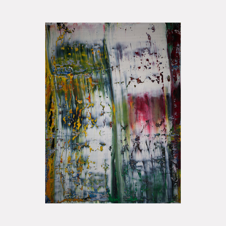 organic abstract by Harry Moody captures a textured interplay of green, yellow, white, and deep red tones with blurred vertical and horizontal streaks creating an evocative, layered art piece full of depth and organic movement.