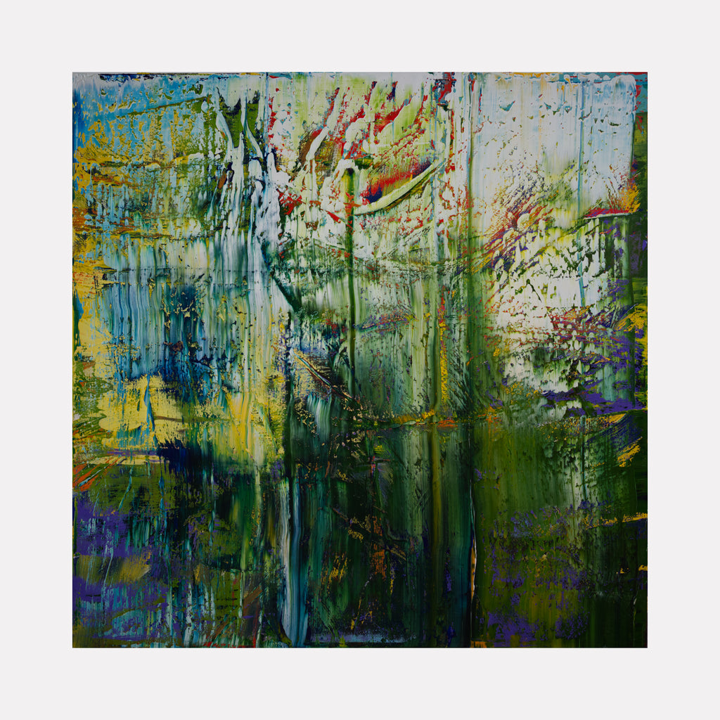 Abstract over painted 1 by Harry Moody features a layered abstract composition with textured strokes of green, blue, yellow, and hints of red, creating a vibrant and immersive contemporary art piece rich in depth and organic movement.
