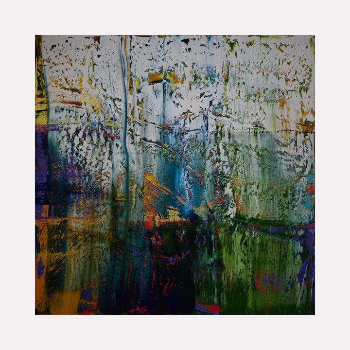 Abstract over painted 2 by Harry Moody showcases a dynamic fusion of textured layers in rich greens, blues, purples, and warm earth tones, creating an energetic yet contemplative abstract art piece with depth and intricate movement.