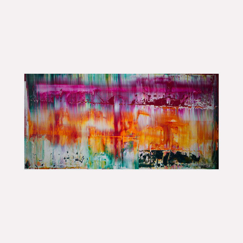 Los Vegas by Harry Moody displays a vibrant abstract art piece with layered textures in rich magentas, fiery oranges, and deep greens, blending dynamic vertical and horizontal brushstrokes to create a striking, immersive contemporary composition full of movement and energy.