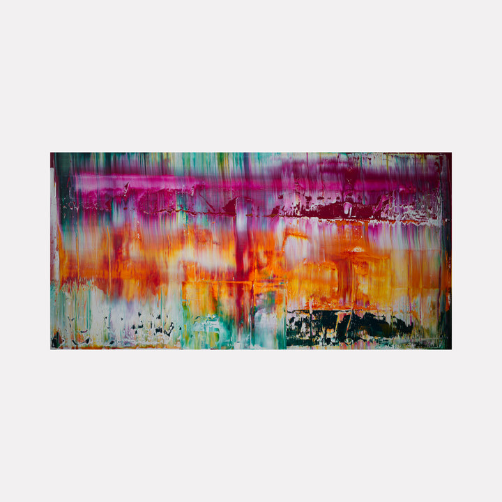 Los Vegas by Harry Moody displays a vibrant abstract art piece with layered textures in rich magentas, fiery oranges, and deep greens, blending dynamic vertical and horizontal brushstrokes to create a striking, immersive contemporary composition full of movement and energy.