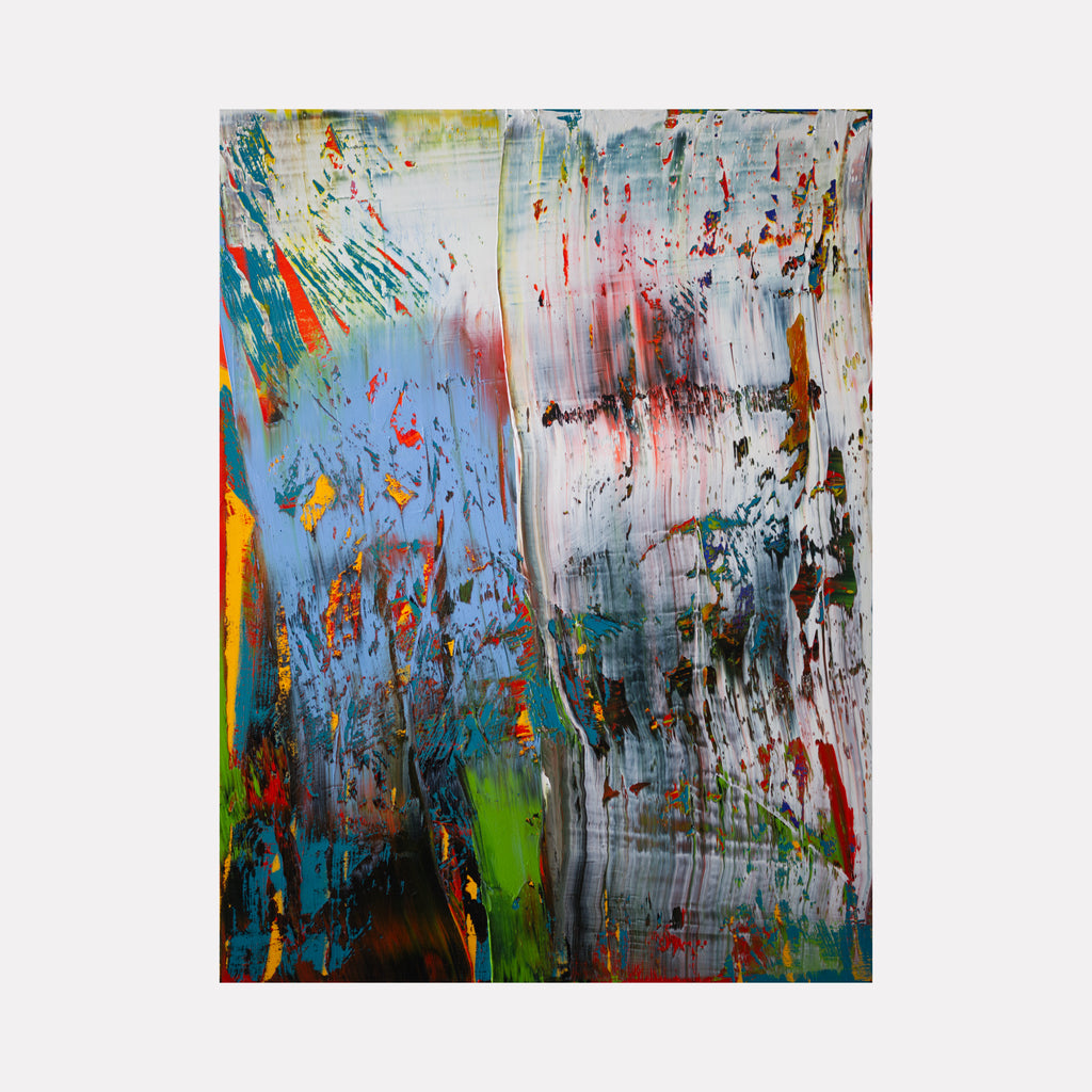 Turner Thoughts by Harry Moody features a vibrant abstract art piece with dynamic vertical streaks blending vivid blues, greens, reds, and oranges with textured layers that evoke a lively, expressive, and contemplative mood.