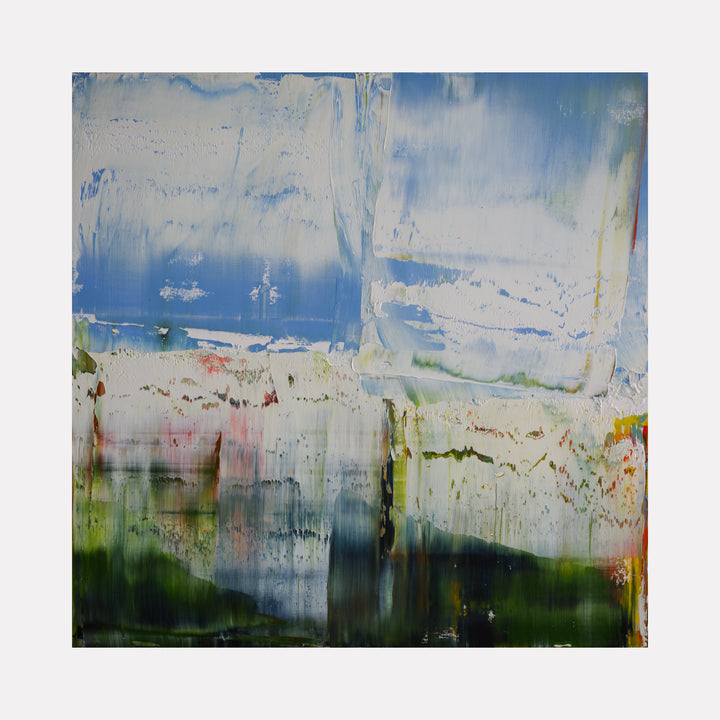 Skyblue by Harry Moody features an abstract composition with layered brushstrokes of soft blues, greens, and hints of white and warm tones, evoking a serene and textured contemporary art piece full of subtle depth and atmospheric movement.
