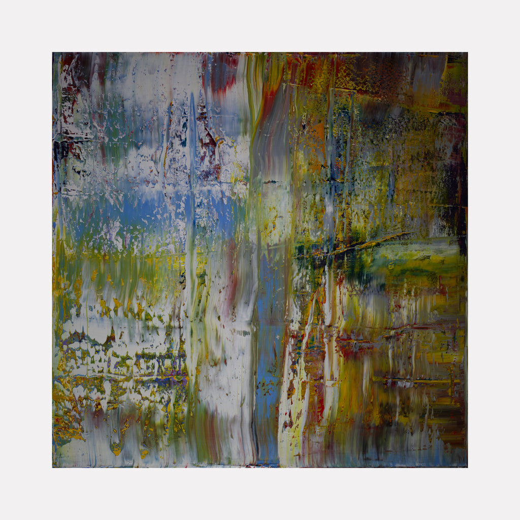 Abstract 4 Seasons by Harry Moody showcases richly layered textures with blended blues, greens, yellows, and warm earth tones, creating a harmonious and evocative abstract art piece with fluid movement and depth, reflecting a contemplative blend of natural elements.