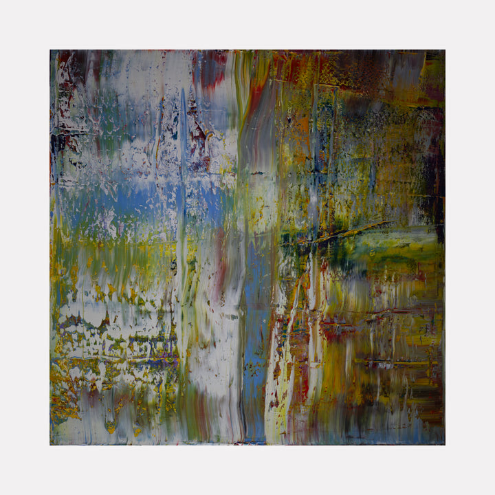 Abstract 4 Seasons by Harry Moody showcases richly layered textures with blended blues, greens, yellows, and warm earth tones, creating a harmonious and evocative abstract art piece with fluid movement and depth, reflecting a contemplative blend of natural elements.