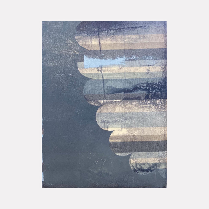 Odd Star by Jodi Hays showcases an abstract composition with layered horizontal and curved shapes in muted blue, gray, and beige tones, evoking a textured, contemplative atmosphere in a modern artistic style.
