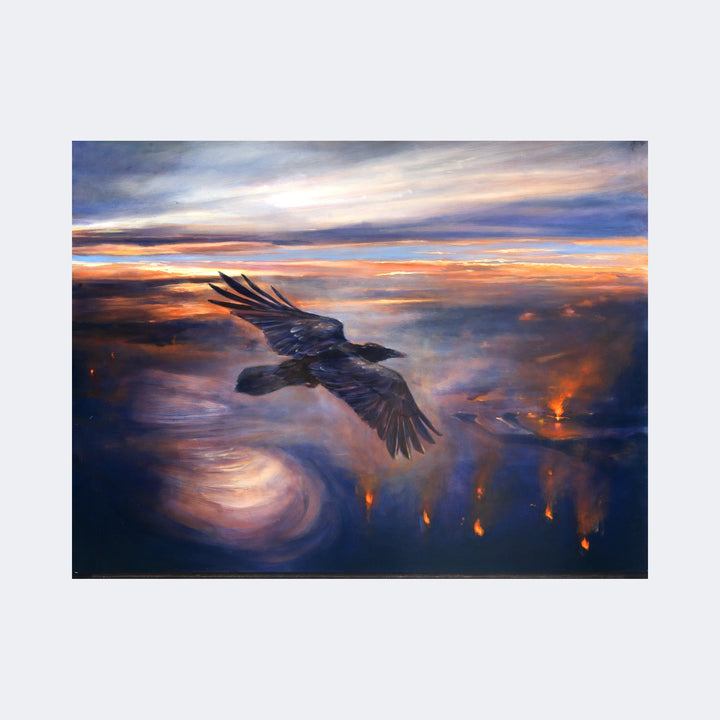 The artwork "Mythos, Odin's Raven" by Regina Miele depicts a majestic raven soaring over a dramatic, fiery landscape at dusk. The painting features rich, dark blues and orange hues with swirling clouds and glowing embers, evoking a mystical atmosphere reminiscent of Caspar David Friedrich’s romantic style and the dynamic movement found in works by J.M.W. Turner.