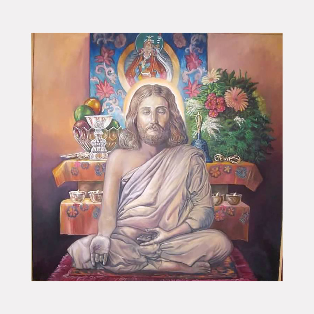 The artwork "Meditation (Tibetan Altar)" by David Bunn Martine features a serene figure seated in meditation, draped in soft, flowing robes with warm earthy tones. The detailed altar behind includes vibrant flowers, ritual objects, and fruit, rendered with smooth textures and subtle lighting that evokes spiritual calmness, reminiscent of classical religious paintings and the contemplative mood found in works by Georges de La Tour and Ivan Shishki