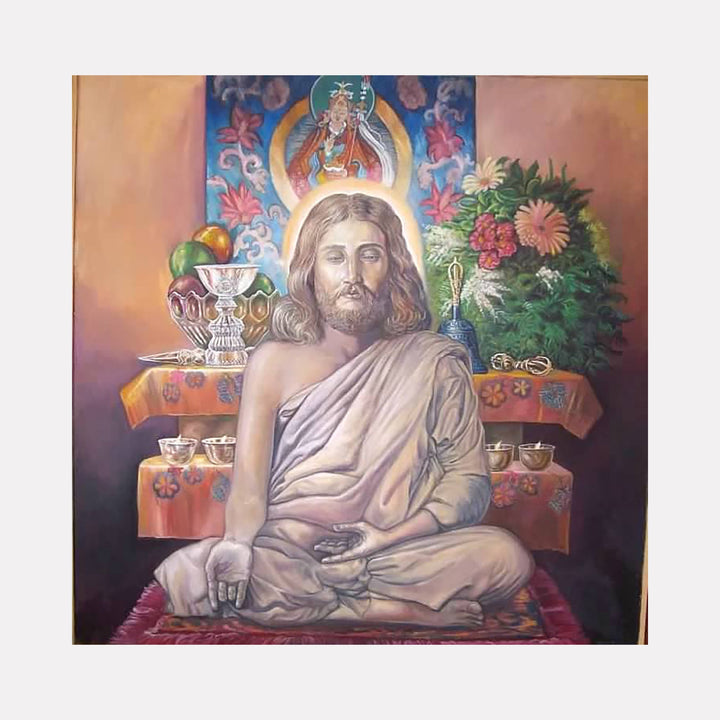 The artwork "Meditation (Tibetan Altar)" by David Bunn Martine features a serene figure seated in meditation, draped in soft, flowing robes with warm earthy tones. The detailed altar behind includes vibrant flowers, ritual objects, and fruit, rendered with smooth textures and subtle lighting that evokes spiritual calmness, reminiscent of classical religious paintings and the contemplative mood found in works by Georges de La Tour and Ivan Shishki