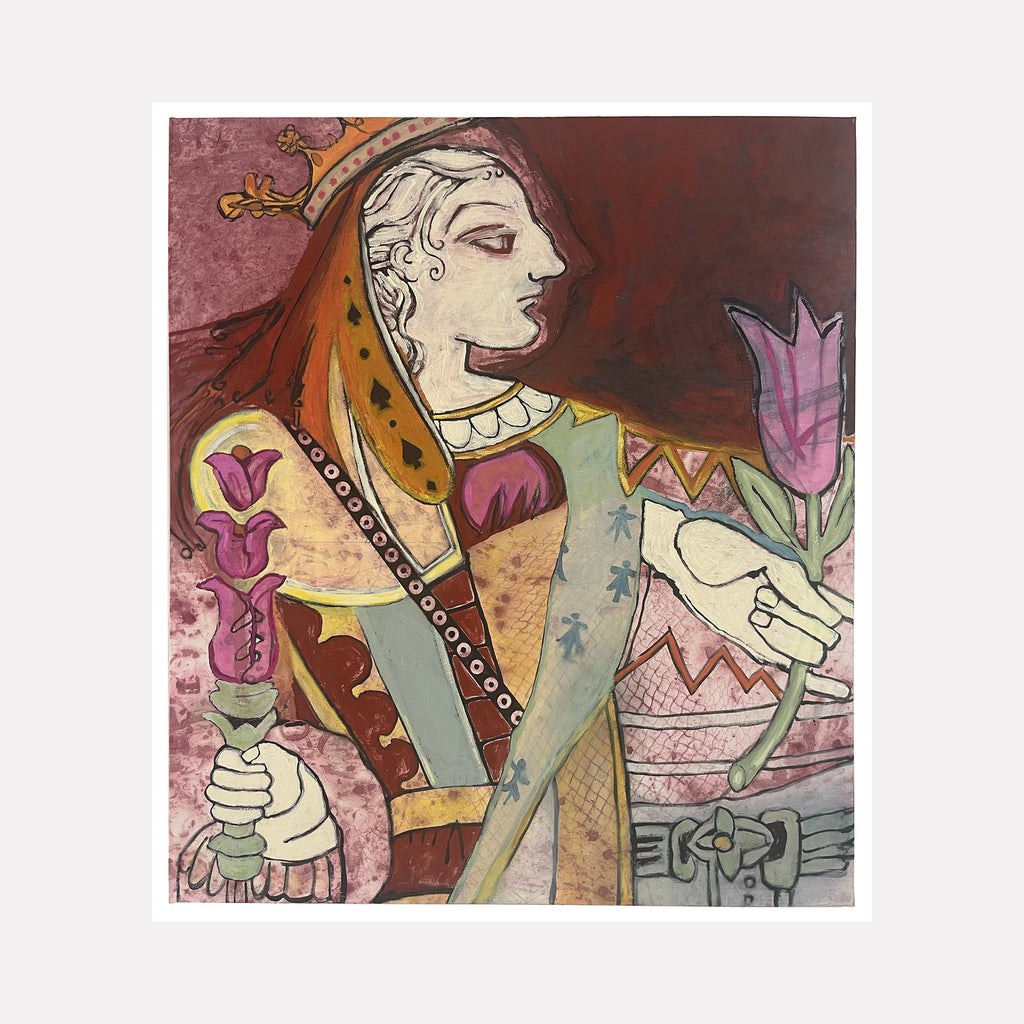 The artwork "TULIP QUEEN" by Val Sivilli depicts a regal figure in profile, crowned and holding stylized tulips in each hand. Rendered with textured brushwork and a muted palette of deep reds, purples, greens, and earth tones, the piece merges figurative abstraction with patterns reminiscent of Picasso’s cubist portraits and the ornamental detail of early Modigliani.