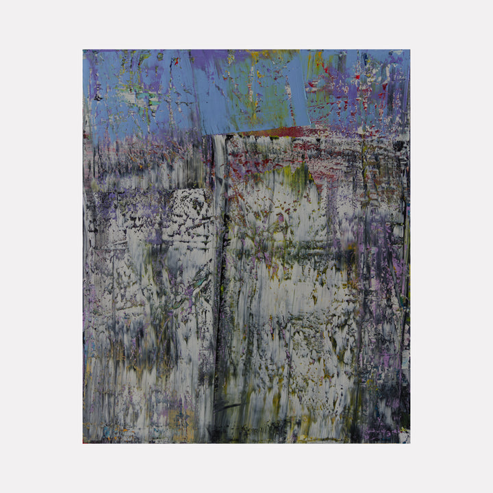 extinct thoughts 1 by Harry Moody explores textured layers of muted grays, lavender, and hints of green and red, blending abstract forms with expressive brushwork to create a contemplative, atmospheric art piece rich in depth and subtle tonal variation.