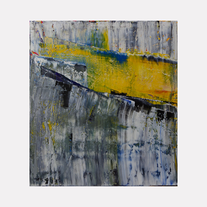 physical abstract by Harry Moody displays a textured interplay of muted grays and whites contrasted by a bold streak of vibrant yellow and hints of blue, creating a dynamic composition with layered depth and an expressive, contemplative energy in this abstract art piece.