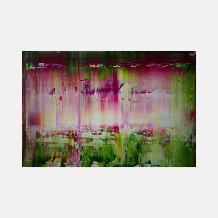 Magnolia by harry moody is an abstract art piece with a blend of deep greens and rich purples highlighted by soft pinks, featuring vertical strokes and layered textures that create an evocative and immersive contemporary visual experience.
