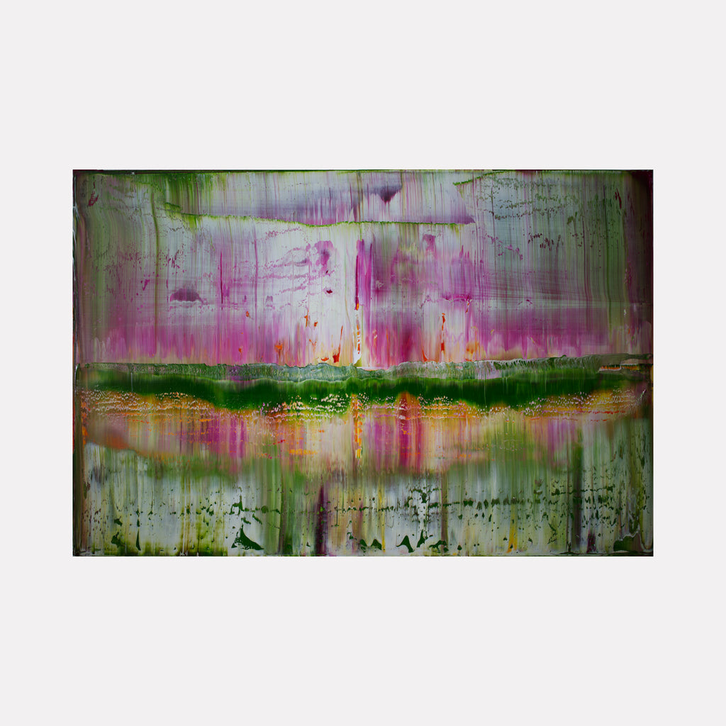 Sap Green by Harry Moody reveals a layered abstract artwork where rich green tones interplay with vertical and horizontal streaks of soft purples and warm oranges, creating a textured, organic depth that evokes a tranquil yet vibrant emotional landscape.