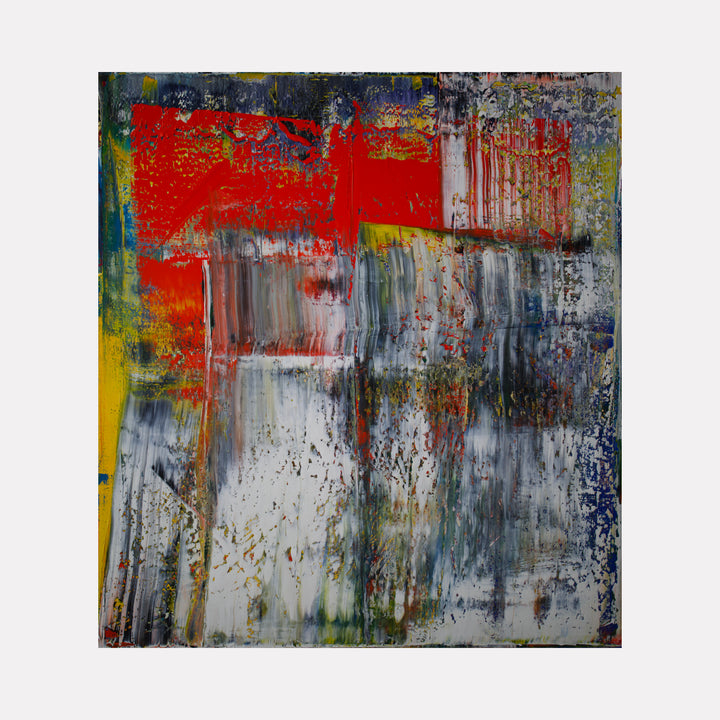 Abstract art with Rothko Fragments by Harry Moody presents a dynamic composition where bold red blocks contrast with textured layers of gray, white, yellow, and blue, creating a rich interplay of colors and atmospheric depth in this contemporary art piece.