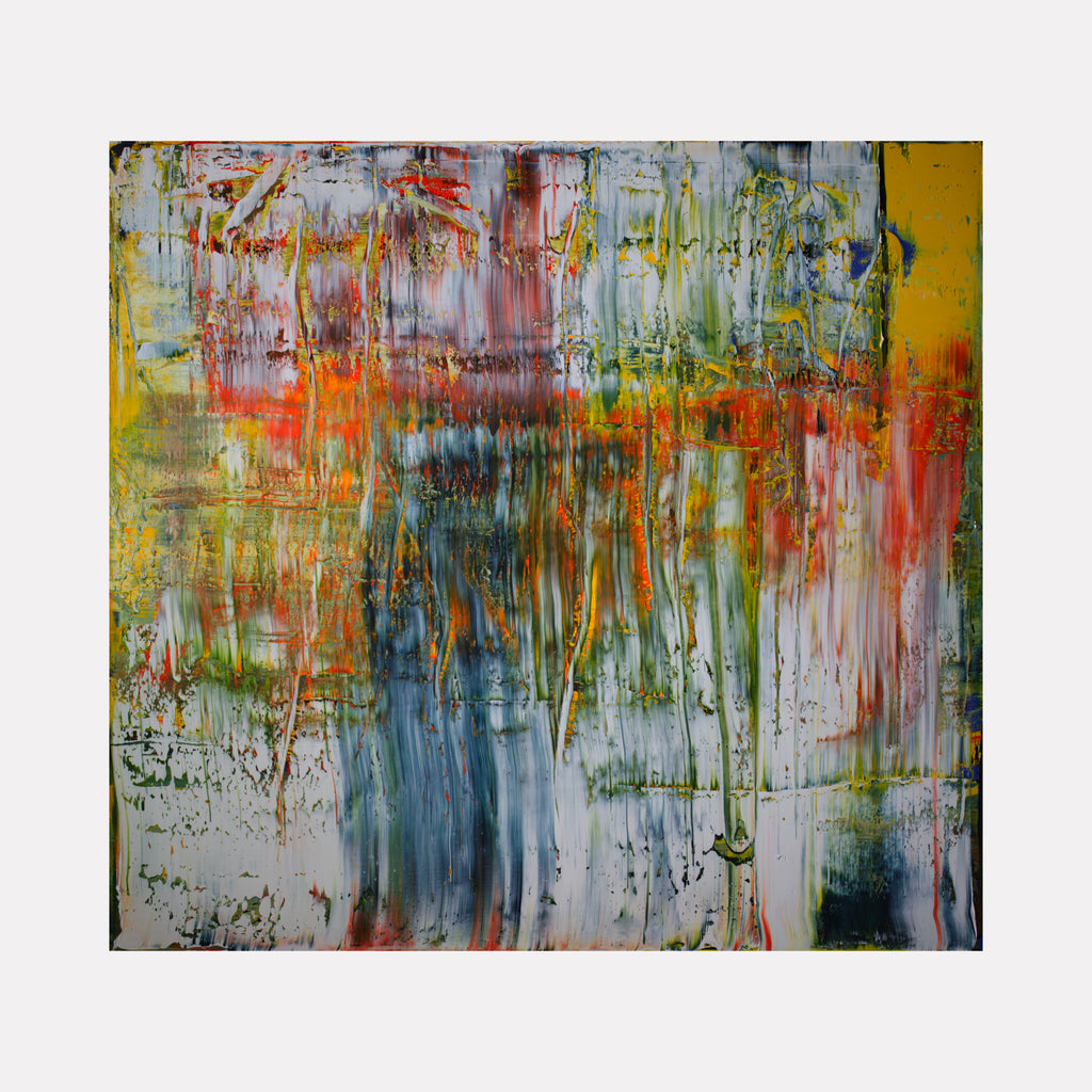 Abstract with some abstract by Harry Moody reveals a layered contemporary art piece rich in vertical and horizontal streaks of muted greens, blues, fiery oranges, and vibrant yellows, creating a textured fusion that conveys depth and a dynamic, contemplative energy.