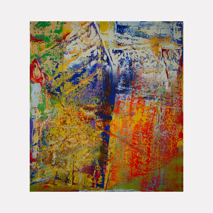 Happy 1 by Harry Moody presents an energetic abstract art piece featuring layers of vibrant blue, red, yellow, and green, blending textured brushstrokes that create a lively and dynamic composition full of color and depth.