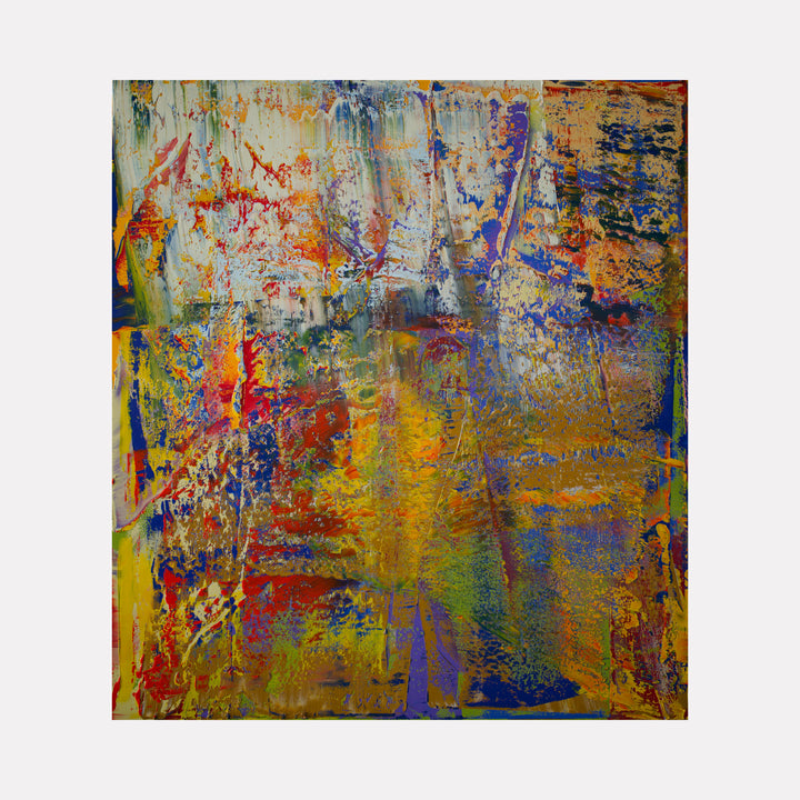 Happy 2 by Harry Moody features a vibrant abstract art piece blending rich yellows, oranges, deep blues, and reds with textured layers that create a lively, dynamic composition full of depth and expressive energy.