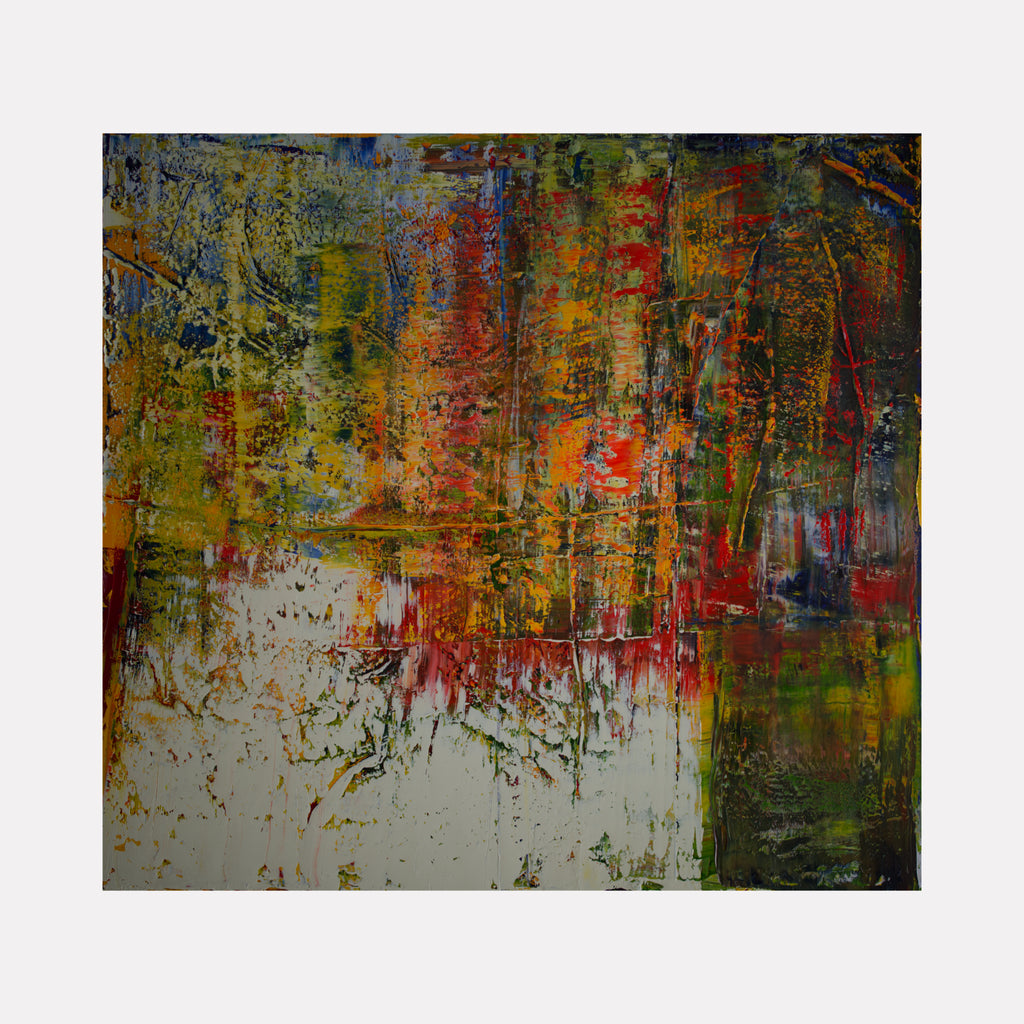Extinct Thoughts 2 by Harry Moody displays a richly textured abstract art piece with layered hues of olive green, burnt orange, deep red, and muted blue, blending organic shapes and intricate brushwork to evoke a thought-provoking and atmospheric contemporary artwork.