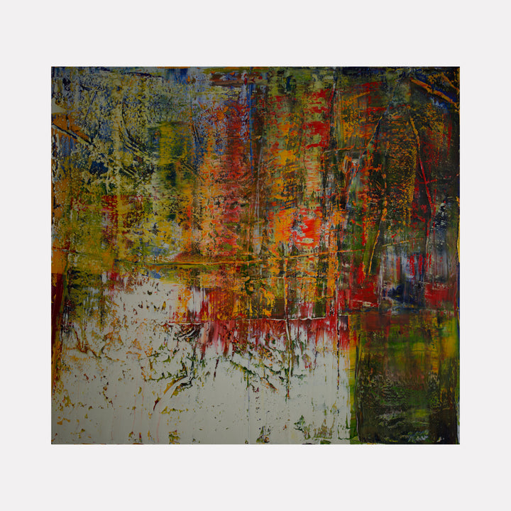 Extinct Thoughts 2 by Harry Moody displays a richly textured abstract art piece with layered hues of olive green, burnt orange, deep red, and muted blue, blending organic shapes and intricate brushwork to evoke a thought-provoking and atmospheric contemporary artwork.
