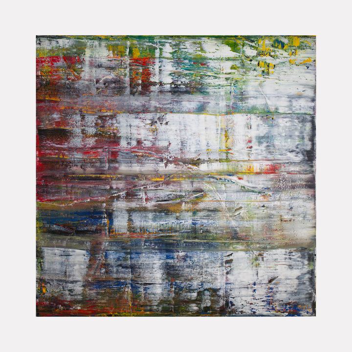 Fugue by Harry Moody showcases a richly textured abstract composition with layered strokes of muted grays, vibrant reds, blues, greens, and yellows, creating a dynamic visual rhythm and depth that evokes an expressive and contemplative artistic mood.