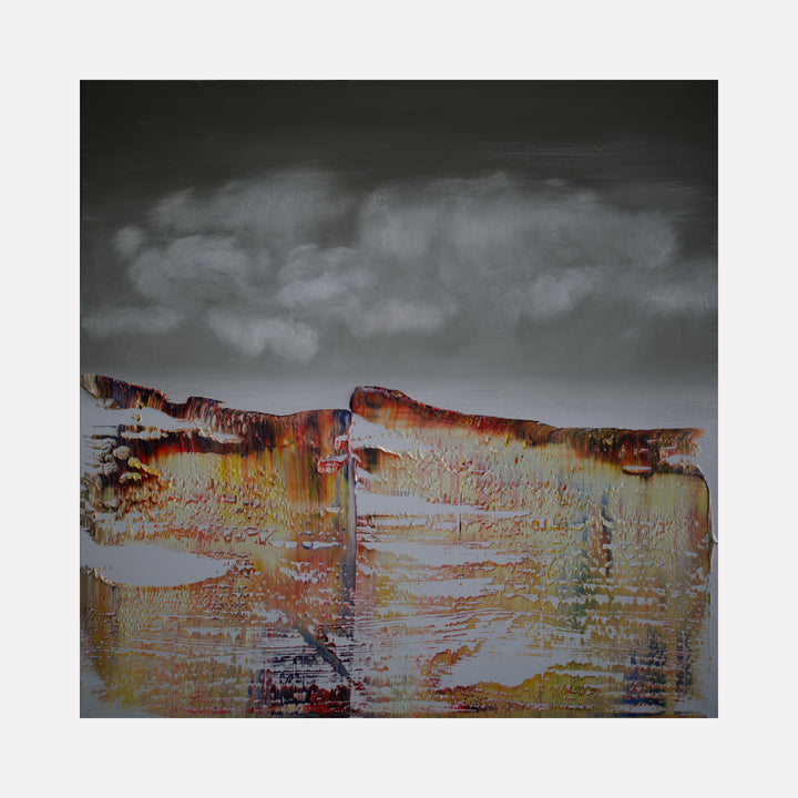 Warm Clouds 1 by Harry Moody features a textured abstract art piece with warm tones of orange, yellow, and red, contrasted against a moody gray sky with soft, billowing cloud forms, evoking a contemplative and atmospheric contemporary composition.