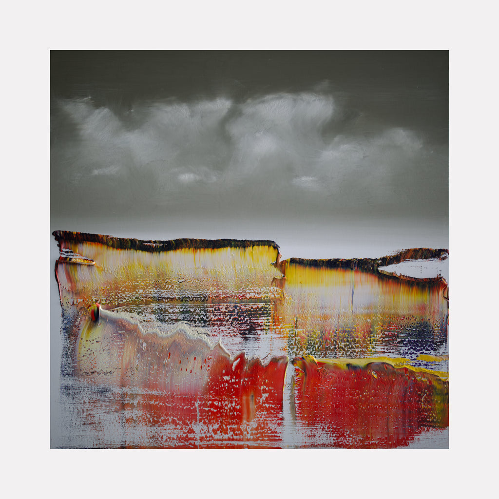 Warm Clouds 2 by Harry Moody presents an evocative blend of textured grays and soft whites above rich, molten layers of yellow, orange, and deep red, creating a vibrant and atmospheric abstract art piece that conveys warmth and fluidity.
