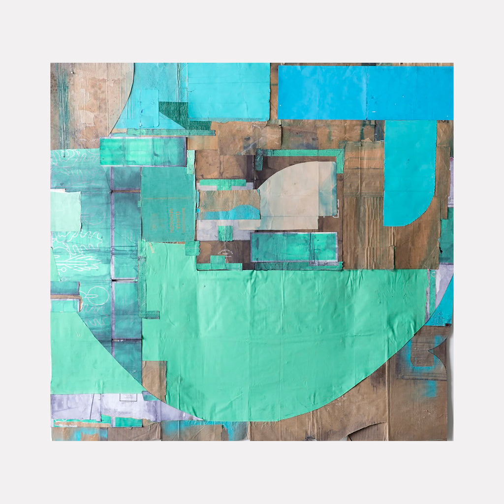 Tangled Garter by Jodi Hays is a contemporary collage art piece featuring layered cardboard and subtle dye in shades of turquoise, teal, and earth tones, combining geometric shapes and textured surfaces for a modern abstract visual effect.