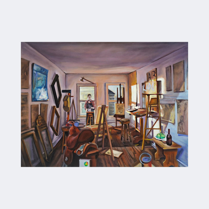The artwork "Self Portrait Painting in MY Dollhouse" by Regina Miele depicts a detailed artist's studio filled with easels, canvases, and various art supplies arranged in a narrow, cozy room. The color palette features warm earthy tones and soft purples, reminiscent of interior scenes by Edward Hopper and the meticulous domestic settings in Vermeer’s work. The textured brushstrokes and realistic style highlight a quiet, reflective atmosphere with