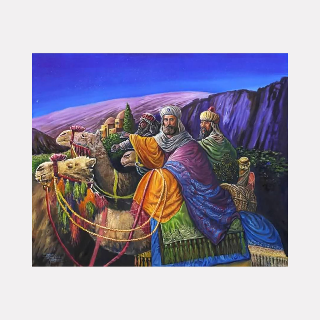 The artwork "Three Wise Men" by David Bunn Martine features a richly detailed landscape with three robed figures seated on a camel, adorned in vibrant textiles of blue, orange, and green. The textured brushwork captures a serene twilight sky and rugged mountain backdrop, evoking the narrative depth and color harmony reminiscent of orientalism and the dramatic storytelling found in works by Eugène Delacroix.