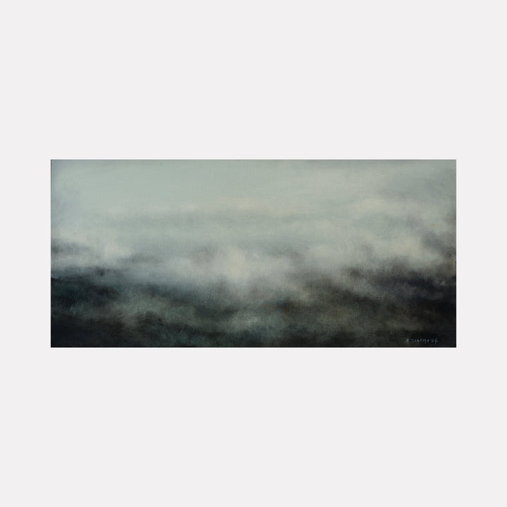 The artwork "Thoughts" by Xanthippe Tsalimi features a horizontal abstract landscape with a moody blend of muted blues, grays, and deep blacks suggesting mist or fog. The textured, atmospheric layers evoke the emotive subtleties of J.M.W. Turner’s seascapes and the contemplative minimalism of Mark Rothko’s color fields.