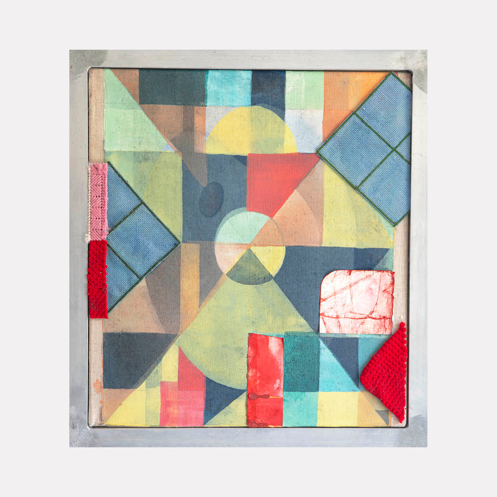 Palette by Jodi Hays presents a mixed-media abstract with geometric shapes in cyanotype blues, soft yellows, and muted greens, accented by vibrant red textile patches, combining collage and painterly textures within a modern aluminum frame for a tactile contemporary art experience.