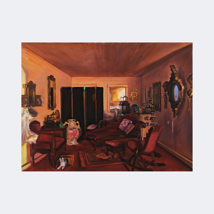The artwork "Bordello in my Dollhouse" by Regina Miele depicts an intimate, dimly lit room filled with vintage furniture including a chaise lounge, armchairs, ornate mirrors, pottery, and decorative objects. The warm, muted palette and soft brushstrokes evoke the atmospheric style of Edward Hopper’s interior scenes, blending realism with a moody, nostalgic ambiance.