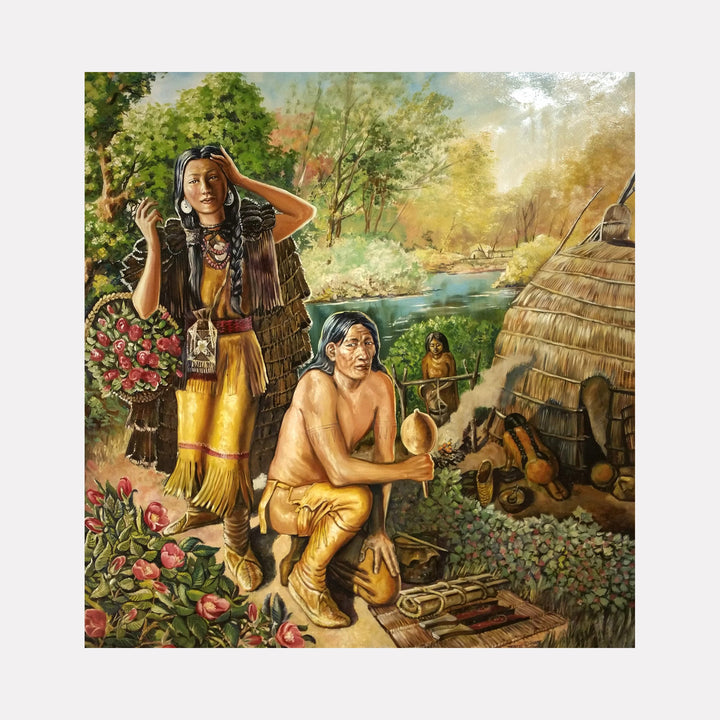 The artwork "A Rose Harvest (Native American Woodland tribes, ca. 1690)" by David Bunn Martine depicts a detailed, naturalistic scene of Indigenous figures in a lush woodland setting. Rich earth tones and vibrant greens highlight the textured foliage, traditional clothing, and handcrafted objects, evoking the narrative realism and cultural depth reminiscent of Frederic Remington and George Catlin’s historical depictions.
