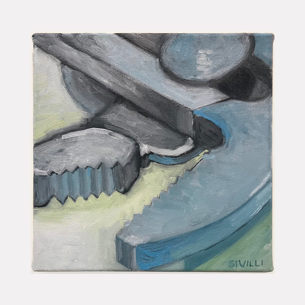 The artwork "Adjustable Wrench" by Val Sivilli portrays a close-up view of a metallic wrench with detailed toothed gears and curved mechanical parts. Rendered in textured brushstrokes with a cool palette of grays, blues, and muted greens, the piece combines industrial realism with a painterly style reminiscent of precision and materiality found in works by Chuck Close and early Edward Hopper.