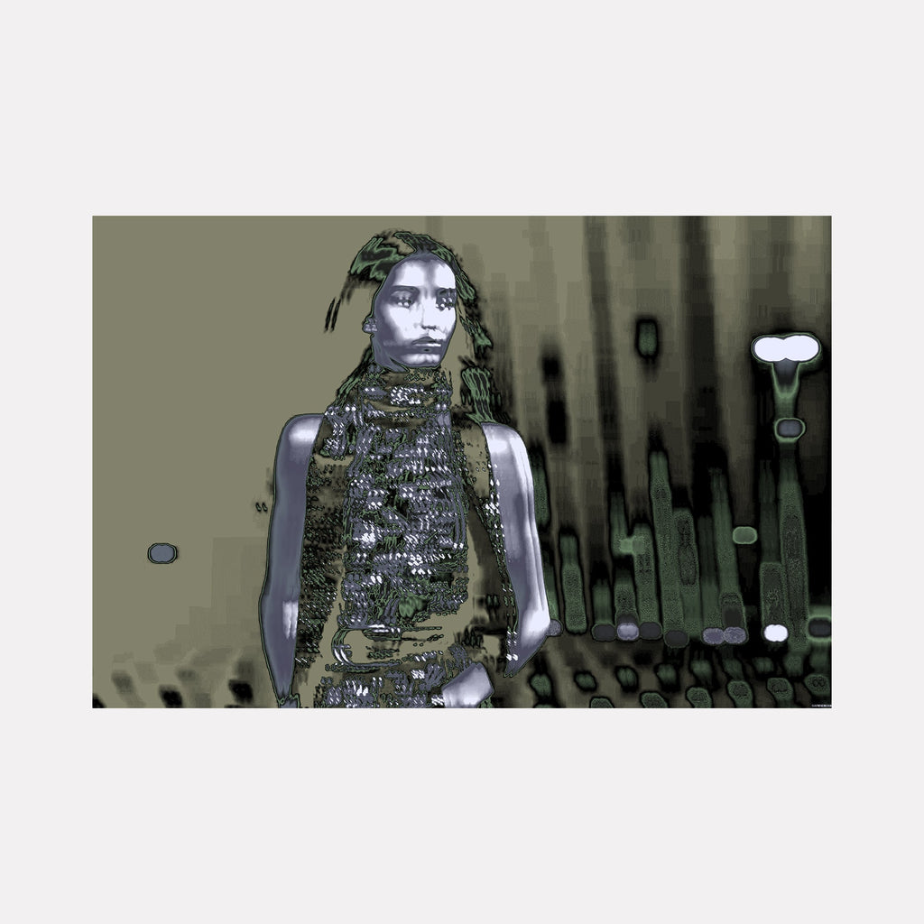 The artwork "96" by Harold Herb depicts a stylized figure with a metallic lavender skin tone against an abstract, muted green and black background. The piece blends pixelated textures and digital distortion, evoking the fragmented realism of Francis Bacon and the cybernetic atmospheres of Nam June Paik through a contemporary mixed media approach.