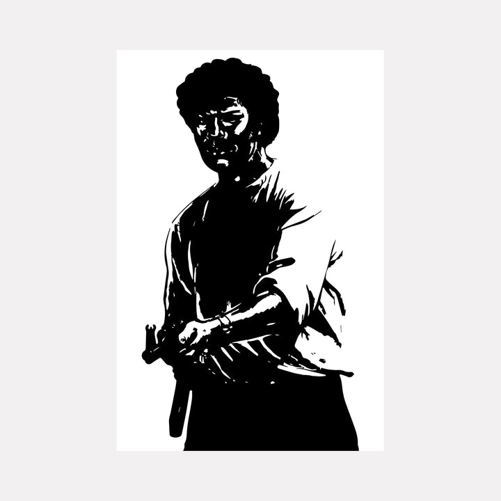 The artwork "AK47" by Harold Herb portrays a bold black and white silhouette of a figure holding a firearm, rendered with stark contrasts and minimal detail. This minimalist, graphic style echoes the dramatic chiaroscuro effects of Francisco Goya and the emotional intensity found in street art by Shepard Fairey.