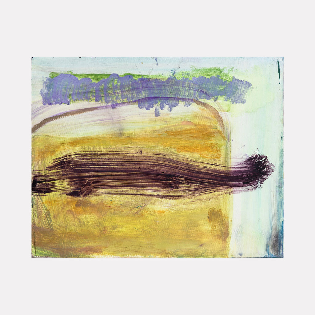 The artwork "23A" by Aliza Sternstein features an abstract composition with broad horizontal brushstrokes in deep brown across a golden yellow and ochre textured background. Above, a soft layer of lavender and green hues resemble expressive, fluid forms reminiscent of Helen Frankenthaler's color field paintings, blending a modernist aesthetic with raw, organic textures.