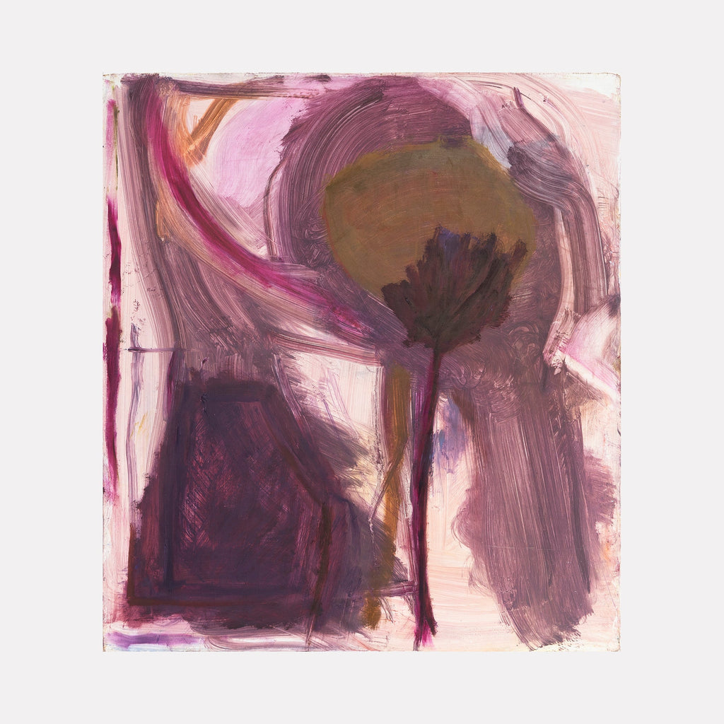 The artwork "2A" by Aliza Sternstein features abstract forms in layered shades of purple, mauve, and muted green, with broad, textured brushstrokes creating a dynamic composition reminiscent of Willem de Kooning’s expressive abstraction and the gestural style of Joan Mitchell. The piece evokes organic shapes and fluid motion.