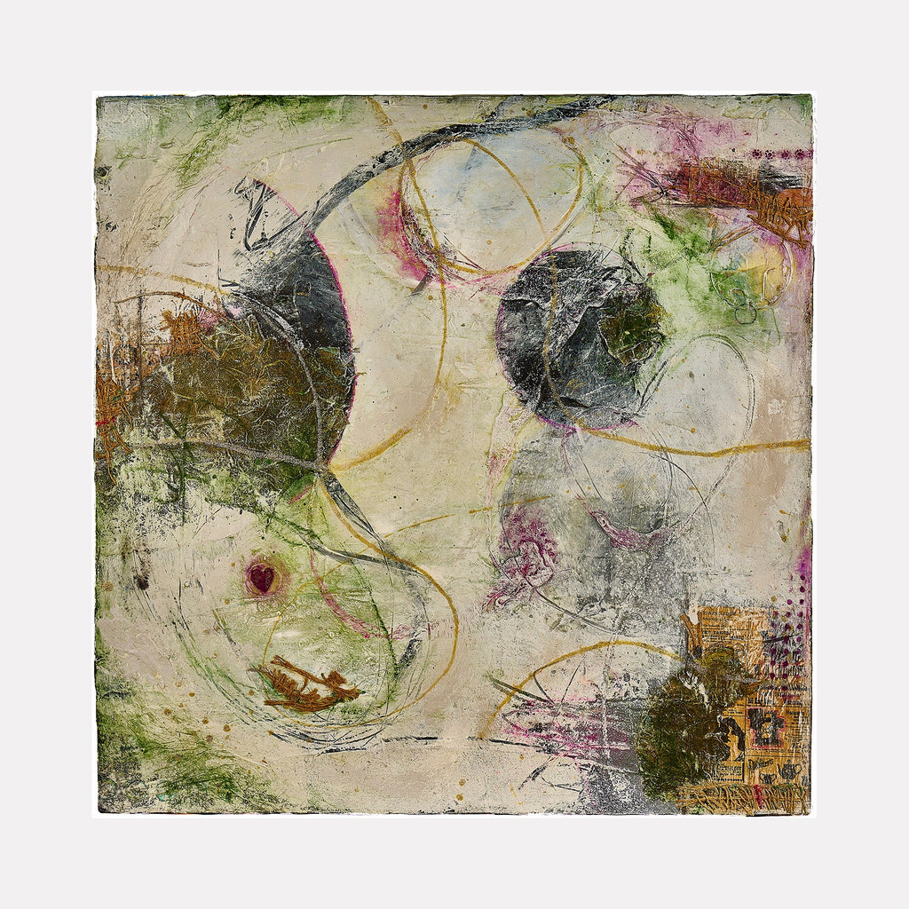 The artwork "A Mermaid’s Adventure" by Deborah Chaney features an abstract composition with textured layers of green, beige, and muted pink. Organic shapes and swirling lines evoke underwater movement, reminiscent of Joan Miró’s and Paul Klee’s surreal, playful styles. The piece invites exploration of a dreamy, marine-inspired journey through expressive mixed media.
