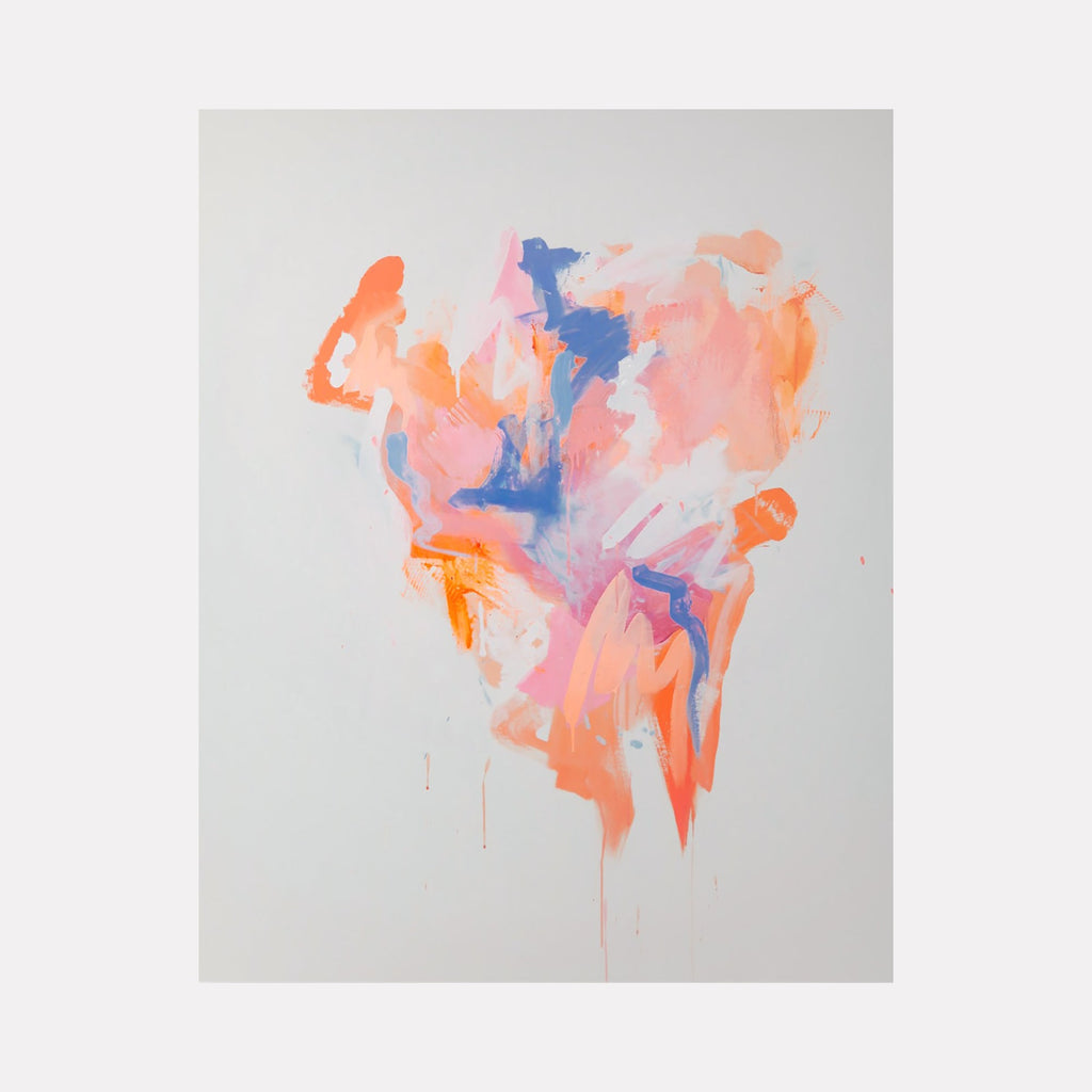 The artwork "Aperol Summer" by Adele Marchant features an abstract composition with vibrant splashes of orange, coral, pink, and touches of blue against a clean white background. The fluid forms and energetic brushstrokes evoke a sense of spontaneity and movement, reminiscent of the abstract expressionism style seen in works by Helen Frankenthaler and Willem de Kooning.