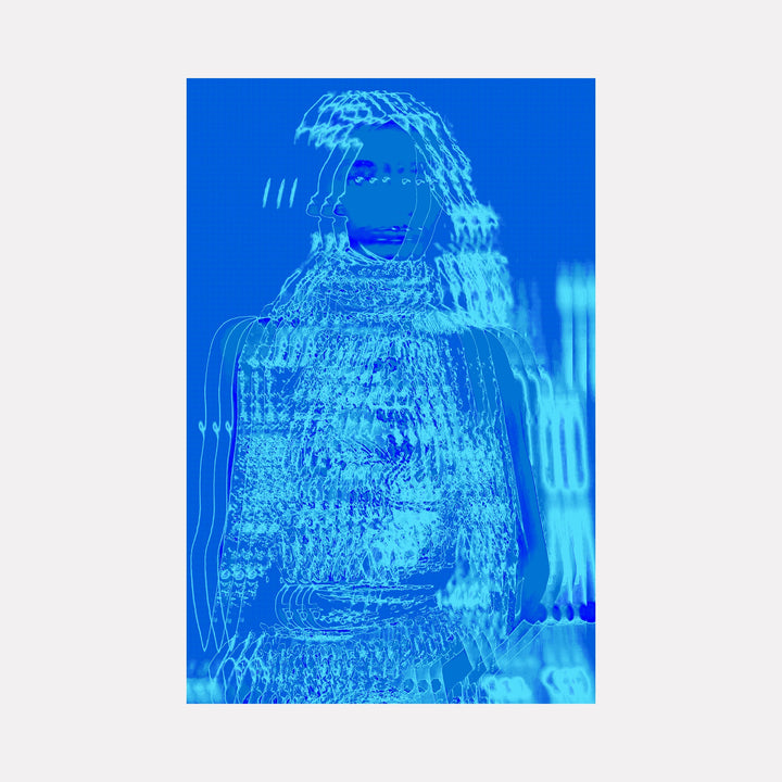 The artwork "AQUA II" by Harold Herb showcases a stylized female figure rendered in layered shades of blue and aqua through mixed media and pastel, creating a distorted, wave-like effect reminiscent of digital glitch art and the fluid abstraction found in Gerhard Richter’s blurred portraits, blending contemporary technology with painterly texture.