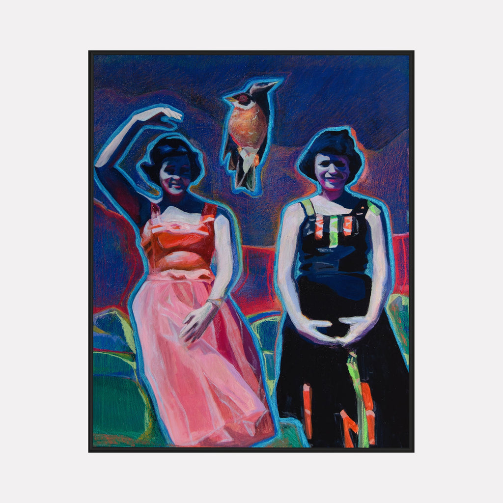 The artwork "ARCHIVAL MEMORY 11- TWINS FROM THE FIELD" by Griffin Cordell depicts two women in vintage-style dresses, one in pink and the other in black with colorful stripes, set against a vibrant, textured background of deep blues and purples. The figures are outlined with glowing neon-like edges, reminiscent of expressionist and pop art styles, evoking influences similar to those of Edvard Munch and Andy Warhol. A bird floats centrally above t