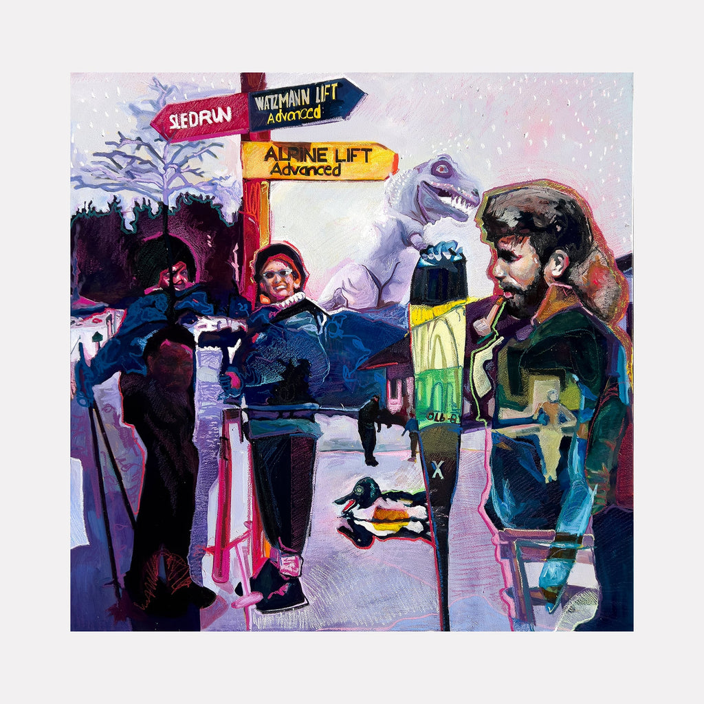 The artwork "ARCHIVAL MEMORY 12- SNOW DAY" by Griffin Cordell features vibrant, expressionist brushstrokes with a surreal winter scene including skiers, colorful ski poles, and directional signs marked "Sledrun," "Waizmann Lift Advanced," and "Alpine Lift Advanced." A playful white dinosaur figure and a duck add whimsy. The style recalls the bold colors and distorted forms of artists like Francis Bacon and the narrative complexity of Edward Hoppe