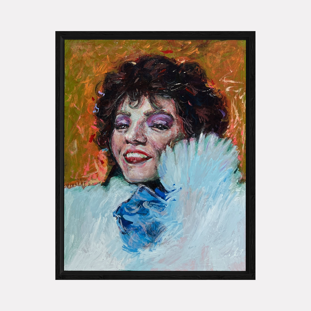 The artwork "ARCHIVAL MEMORY 15- IM A STAR" by Griffin Cordell features a textured, impressionistic portrait of a smiling figure with curly dark hair, vibrant purple eye makeup, and rosy lips. The subject wears a fluffy, pale blue garment against a warm orange and green background, evoking styles reminiscent of John Singer Sargent and early 20th-century portraiture.