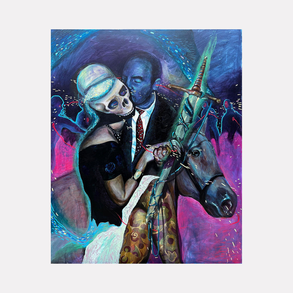 The artwork "ARCHIVAL MEMORY 18- AFTER LIFE" by Griffin Cordell depicts a surreal scene featuring a skeletal figure in bridal attire embracing a man in a suit atop a horse. The composition uses vivid blues, purples, and pinks with textured brushstrokes reminiscent of Frida Kahlo's symbolic style and the dreamlike quality of Marc Chagall. The piece blends themes of love and mortality with a haunting, ethereal atmosphere.