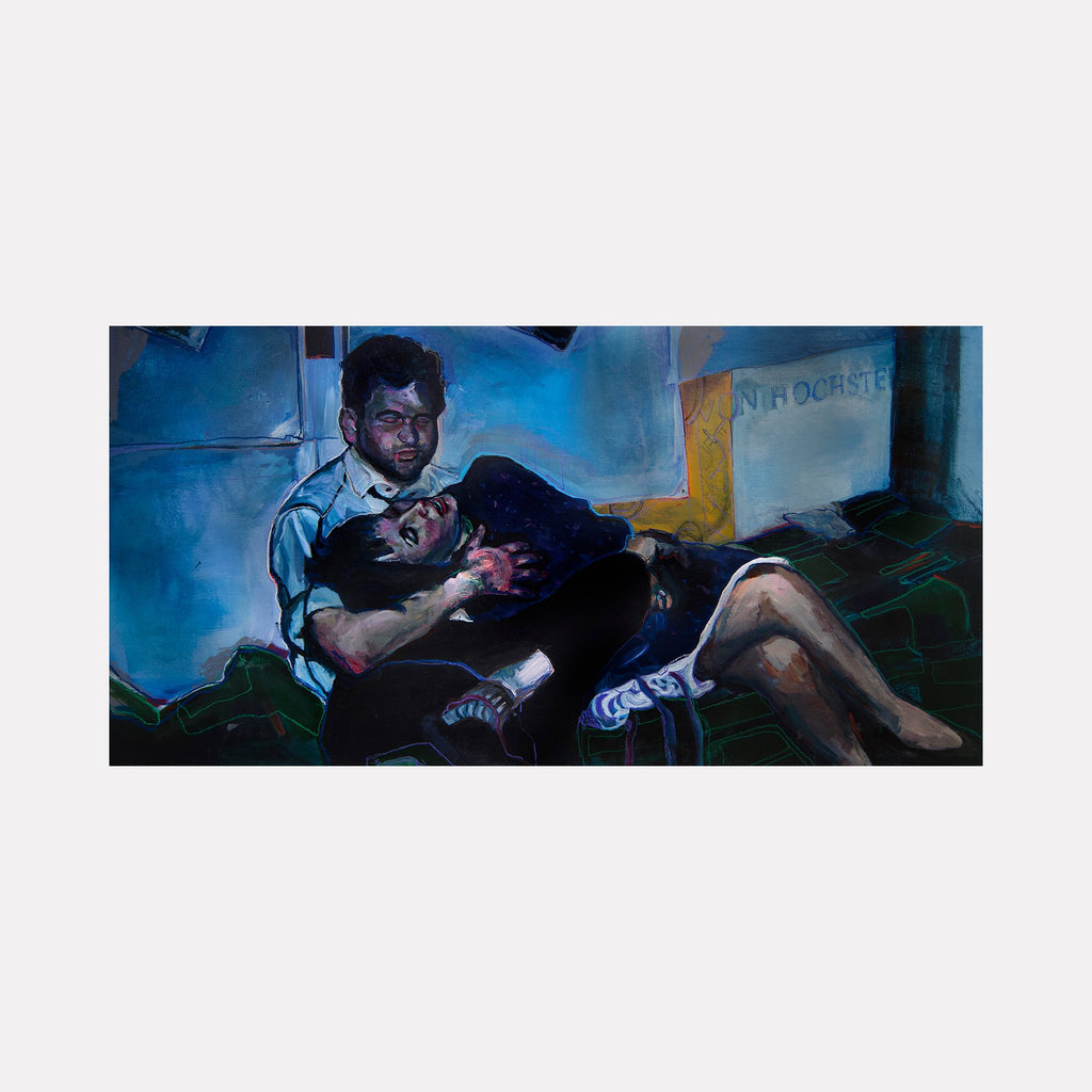The artwork "ARCHIVAL MEMORY 2- EMBRACE 1959" by Griffin Cordell depicts a tender embrace between two figures in a dimly lit room, rendered with deep blues and contrasting warm tones. The textured brushstrokes and emotional intensity recall the psychological realism of Edward Hopper and the intimate human moments of Alice Neel, blending modern expressive style with narrative depth.