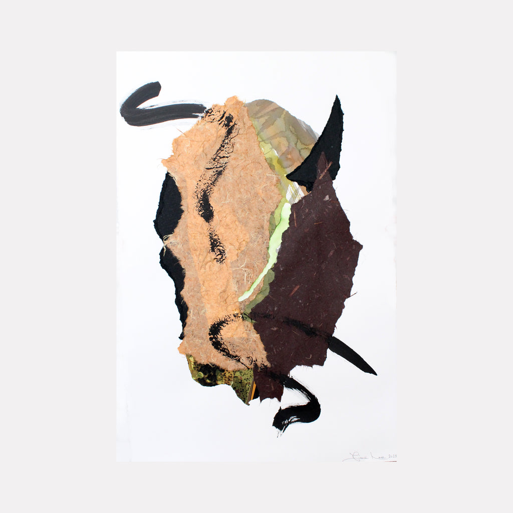 ARROWHEAD by Diane Love features a dynamic mixed media collage with layered organic shapes in earth tones of tan, deep brown, muted green, and black brushstrokes. The composition evokes natural textures and movement, blending rough and smooth elements to create an abstract, tactile exploration of form and contrast.