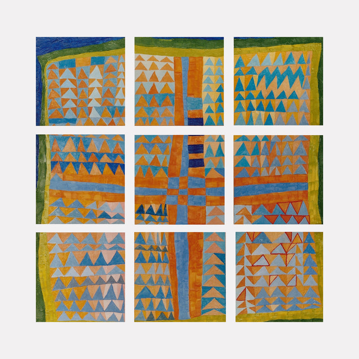 The artwork "AVIARY" by Barbara Ellmann features a nine-panel abstract composition of repeating triangular shapes in warm oranges, blues, and greens, framed by a textured green and yellow border. The geometric patterns and vibrant color contrasts evoke a rhythmic, modernist style reminiscent of Paul Kleeâ€™s playful abstractions and the tribal motifs found in Frank Stellaâ€™s works.